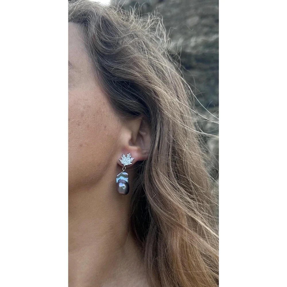 12mm Black Peacock Baroque Pearl Leaf Stud Earrings White Patina Bronze Handmade